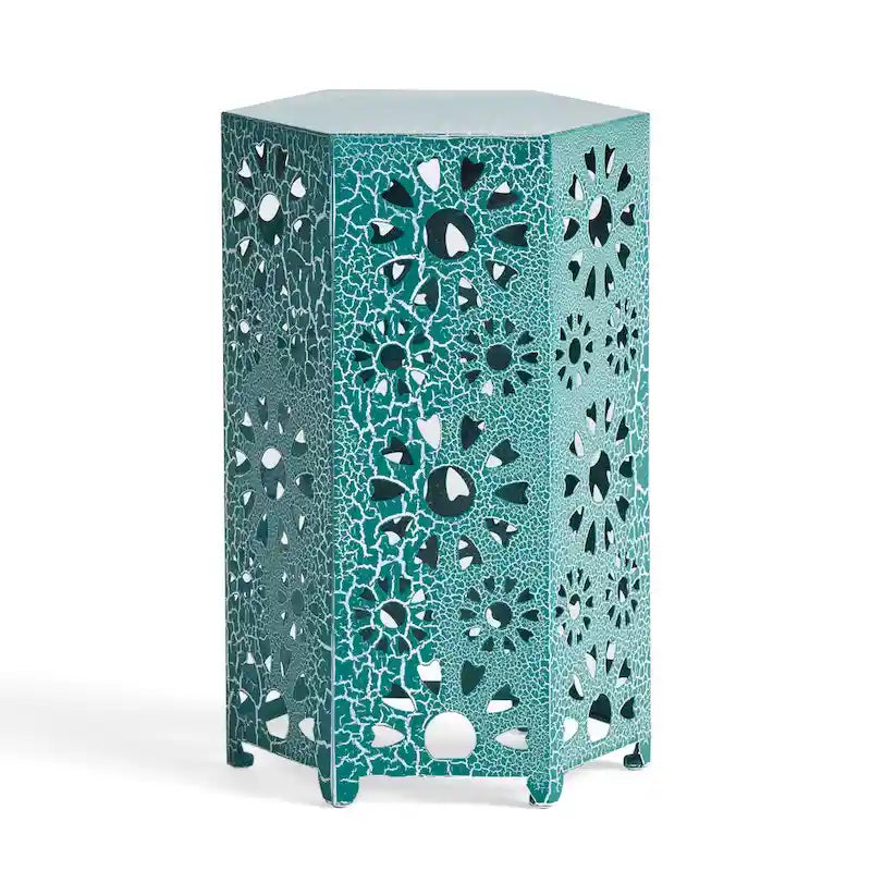Table d'appoint d'extérieur Liana, hexagonale 35,5 cm, ajourée motif soleil, sarcelle