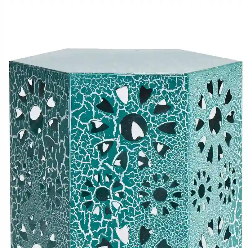 Table d'appoint d'extérieur Liana, hexagonale 35,5 cm, ajourée motif soleil, sarcelle