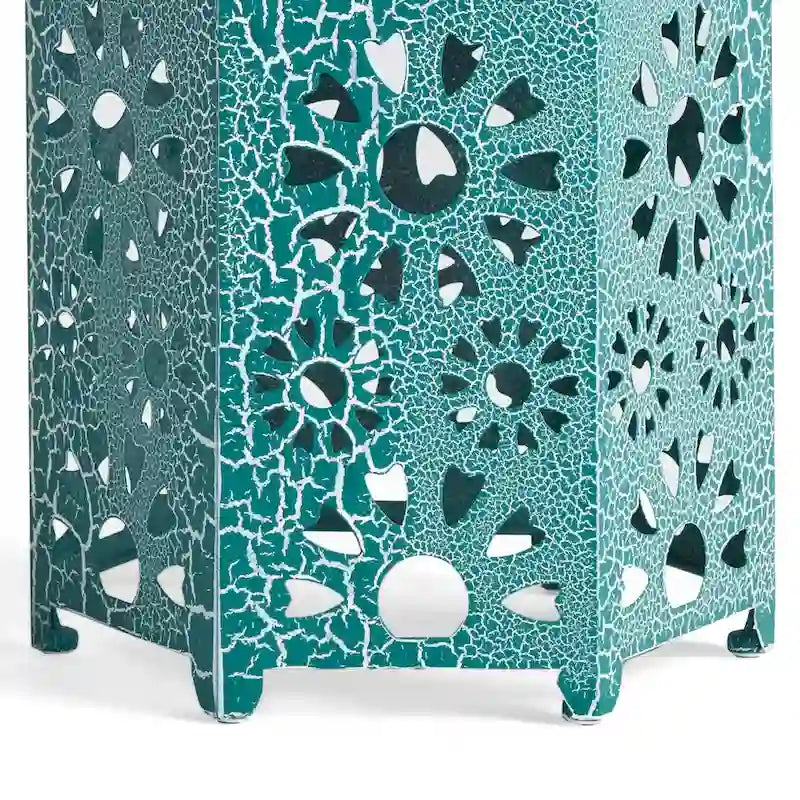 Table d'appoint d'extérieur Liana, hexagonale 35,5 cm, ajourée motif soleil, sarcelle