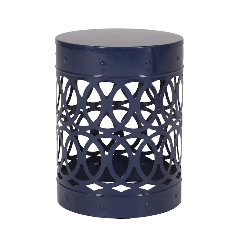 Table d'appoint d'extérieur Kemo, ronde 14 pouces, motif ajouré, fer bleu marine
