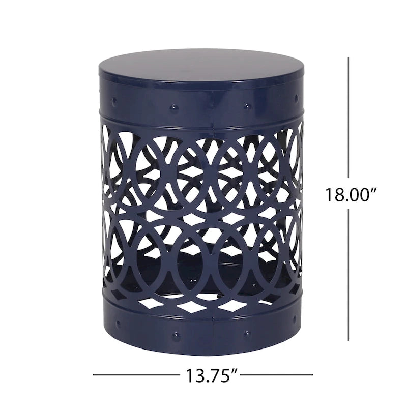 Table d'appoint d'extérieur Kemo, ronde 14 pouces, motif ajouré, fer bleu marine