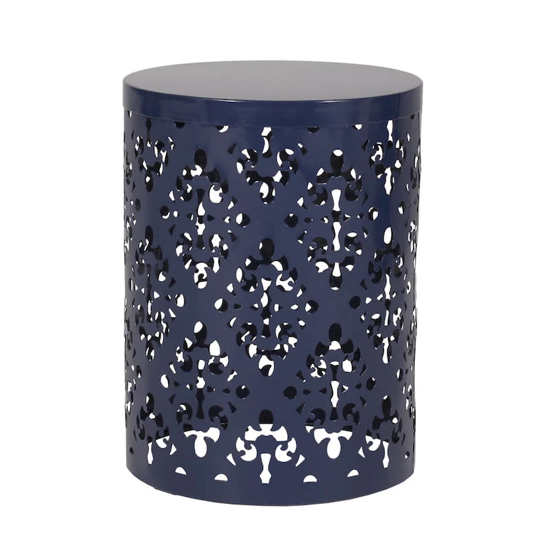Lot de 2 tables d'appoint d'extérieur Kemo, plateau rond, motif ajouré, bleu marine