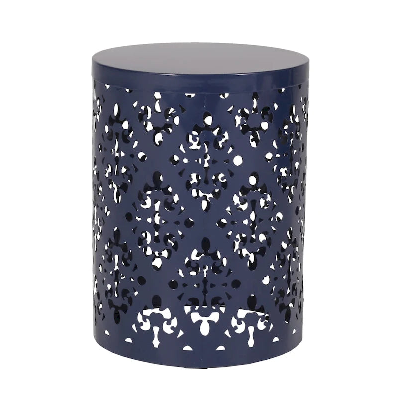 Lot de 2 tables d'appoint d'extérieur Kemo, plateau rond, motif ajouré, bleu marine