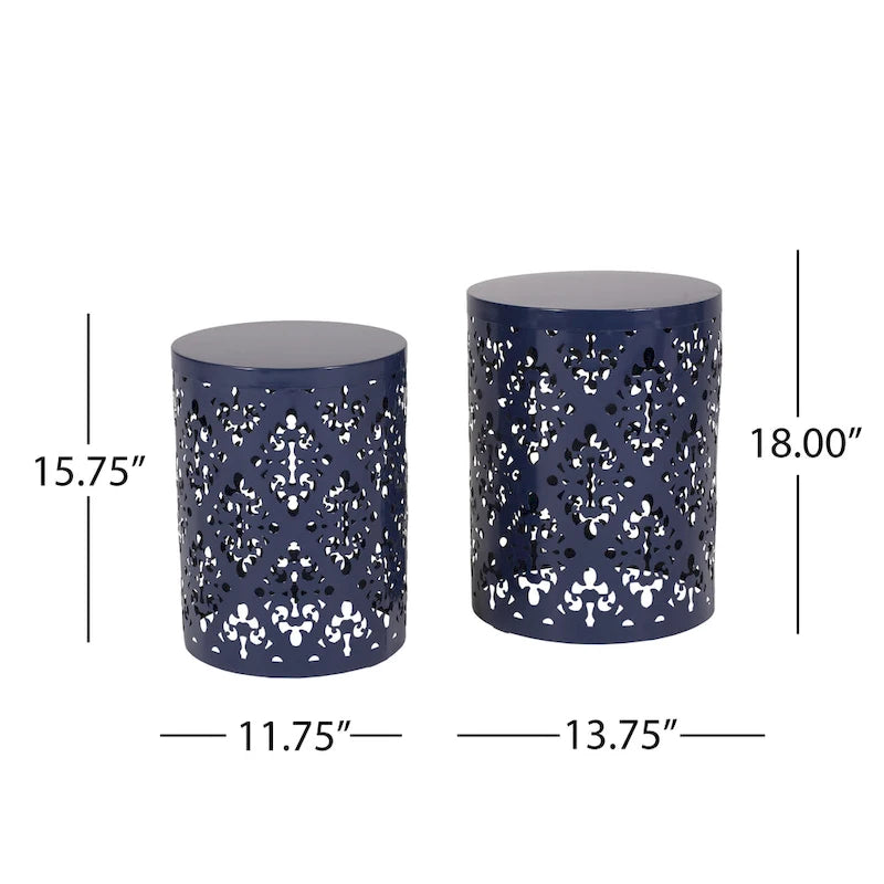 Lot de 2 tables d'appoint d'extérieur Kemo, plateau rond, motif ajouré, bleu marine