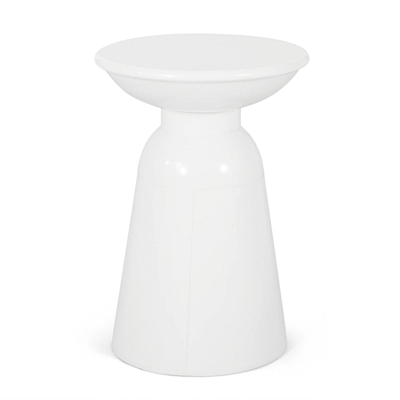 Suma Outdoor End Table, Round 15 Inch Top, Pedestal Base, White Iron
