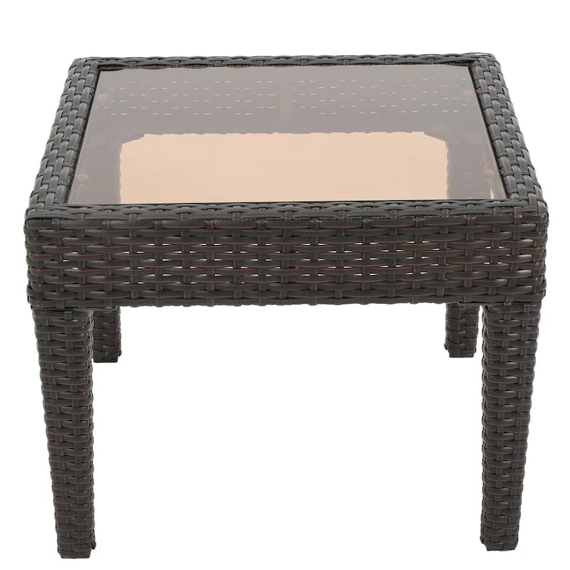 Table d'appoint d'extérieur Annie, en osier marron avec plateau en verre trempé carré de 50 cm