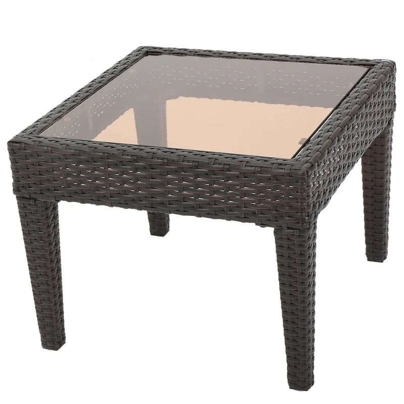 Table d'appoint d'extérieur Annie, en osier marron avec plateau en verre trempé carré de 50 cm