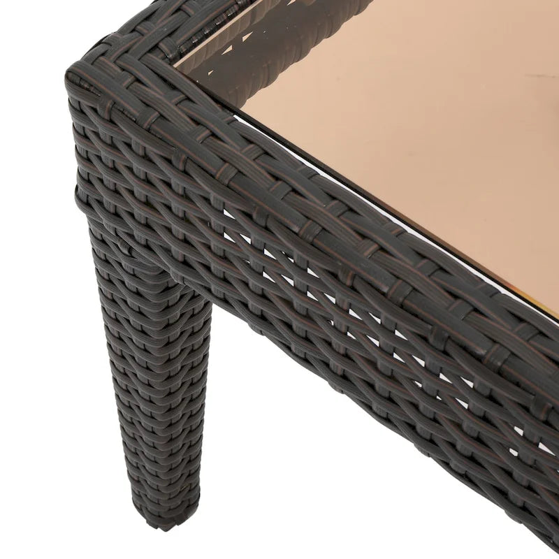 Table d'appoint d'extérieur Annie, en osier marron avec plateau en verre trempé carré de 50 cm
