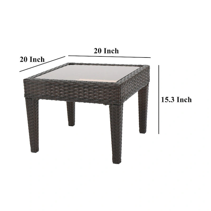 Table d'appoint d'extérieur Annie, en osier marron avec plateau en verre trempé carré de 50 cm