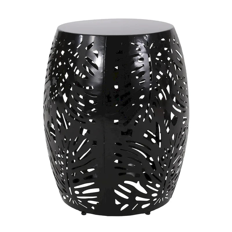 Table d'appoint/tabouret d'extérieur Miami, motif feuille de palmier, fer noir, 17 po