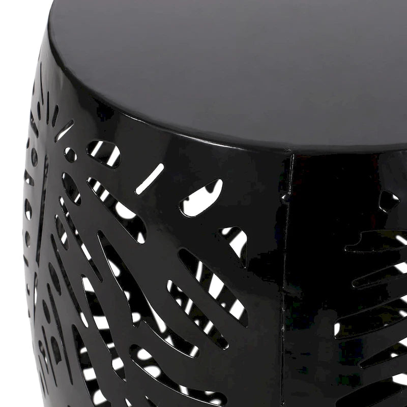 Table d'appoint/tabouret d'extérieur Miami, motif feuille de palmier, fer noir, 17 po
