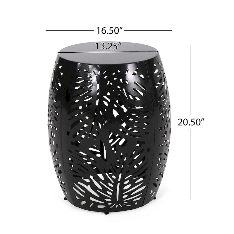 Table d'appoint/tabouret d'extérieur Miami, motif feuille de palmier, fer noir, 17 po