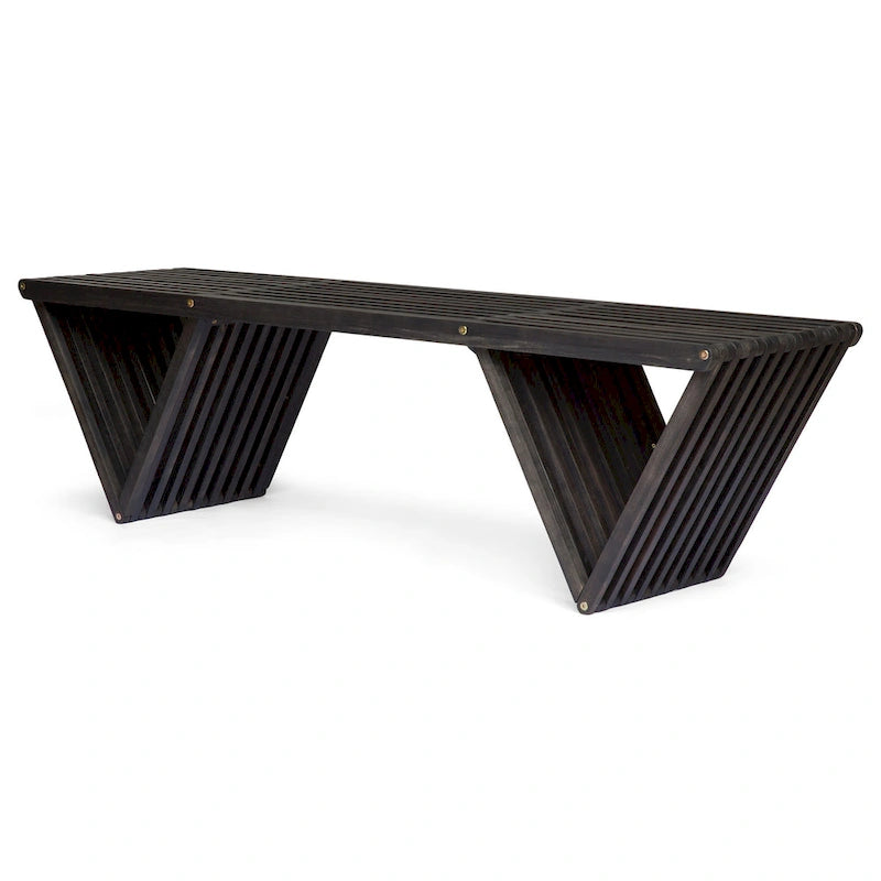Riah Outdoor Bench, Angled Legs, Slatted 63 Inch Dark Gray Acacia Wood