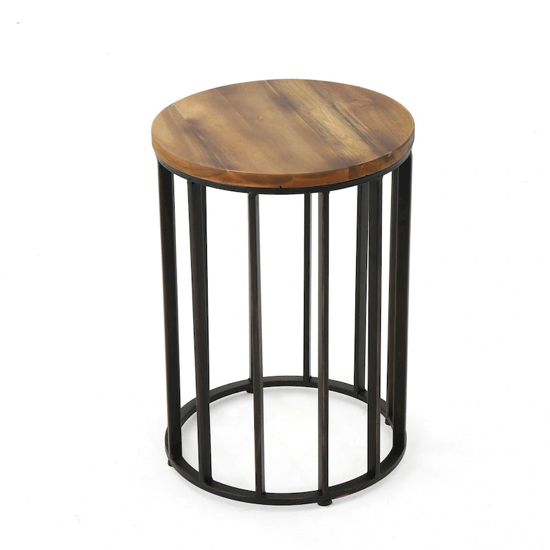 Table d'appoint d'extérieur, plateau rond en bois marron de 15 pouces, structure en fer noir