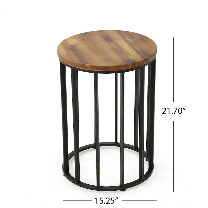 Table d'appoint d'extérieur, plateau rond en bois marron de 15 pouces, structure en fer noir