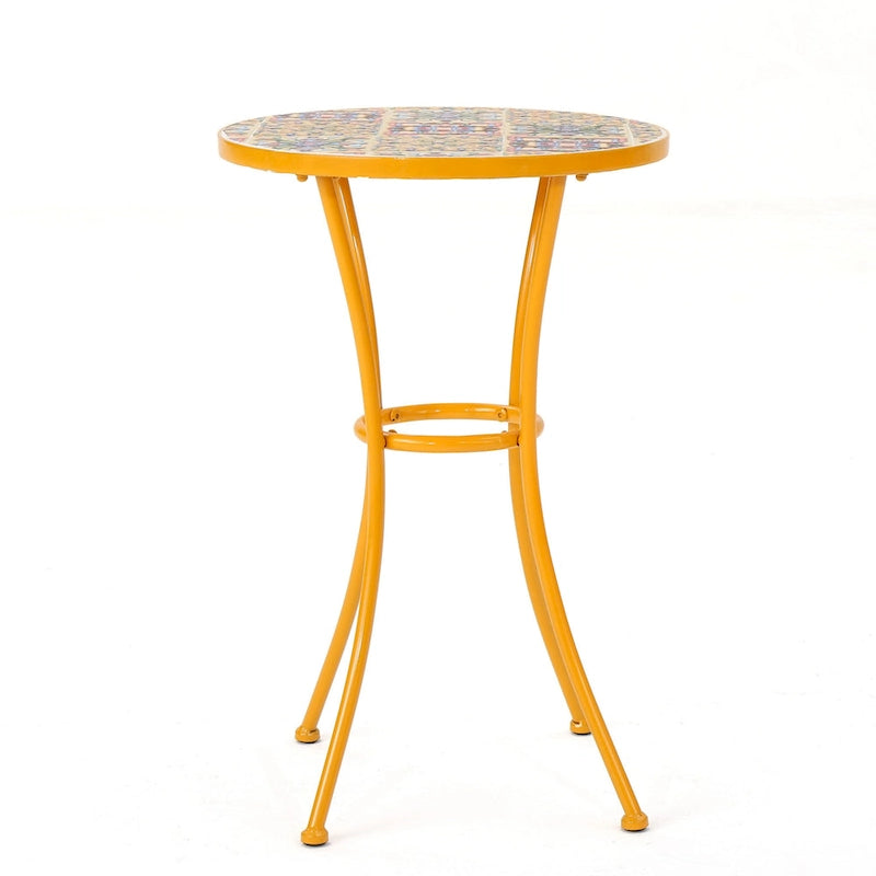 Table d'appoint d'extérieur, carreaux de céramique ronds jaunes de 14 pouces, fer orange