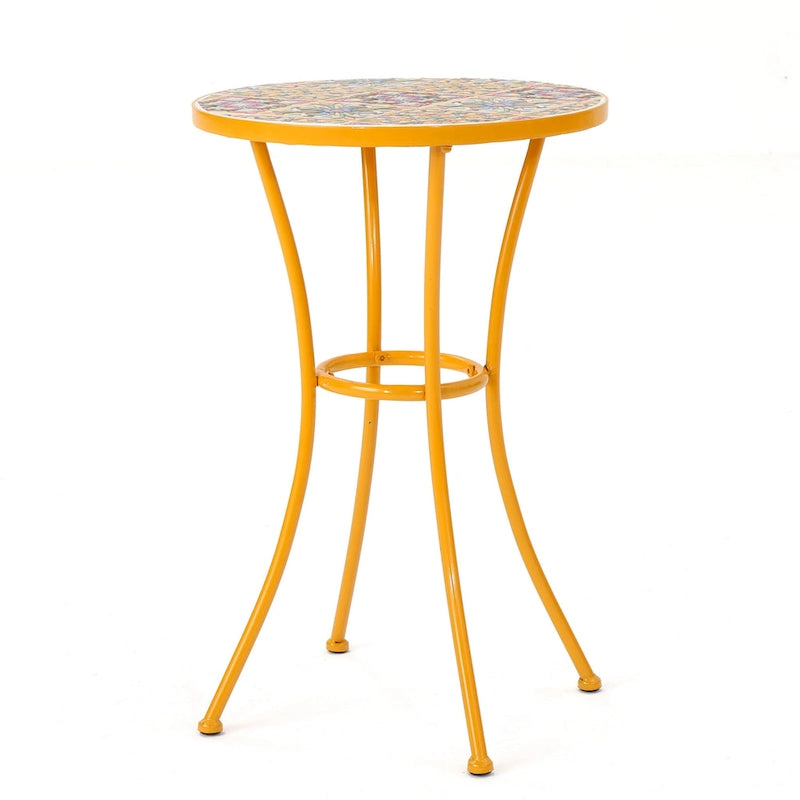 Table d'appoint d'extérieur, carreaux de céramique ronds jaunes de 14 pouces, fer orange
