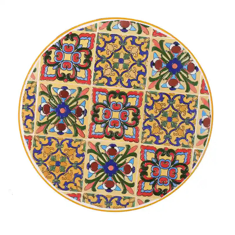 Table d'appoint d'extérieur, carreaux de céramique ronds jaunes de 14 pouces, fer orange