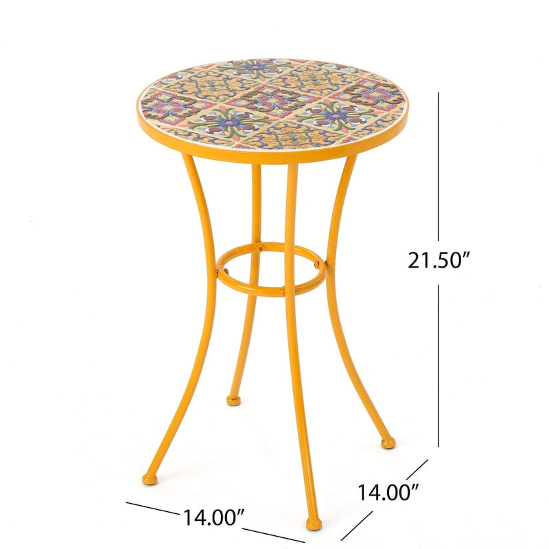 Table d'appoint d'extérieur, carreaux de céramique ronds jaunes de 14 pouces, fer orange