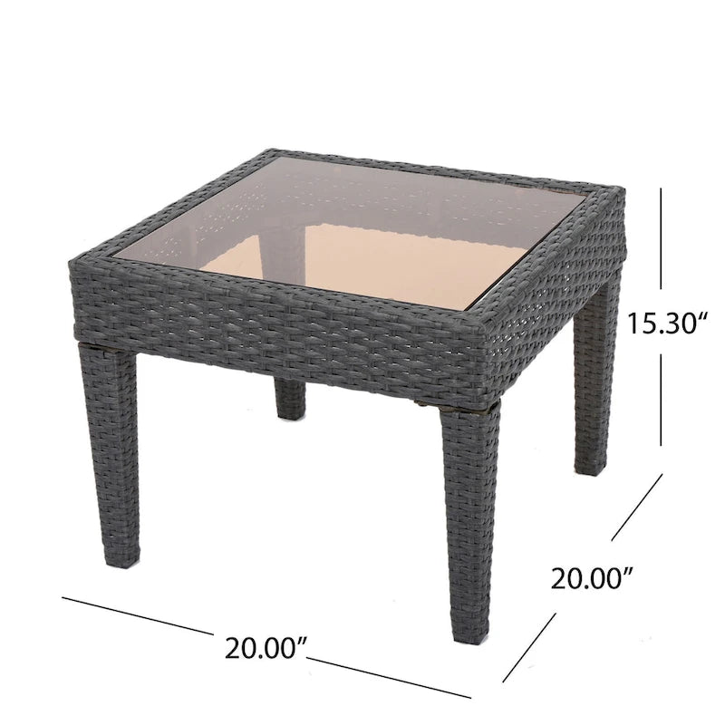 Table d'appoint carrée Annie Outdoor, en verre trempé, osier gris 20 pouces