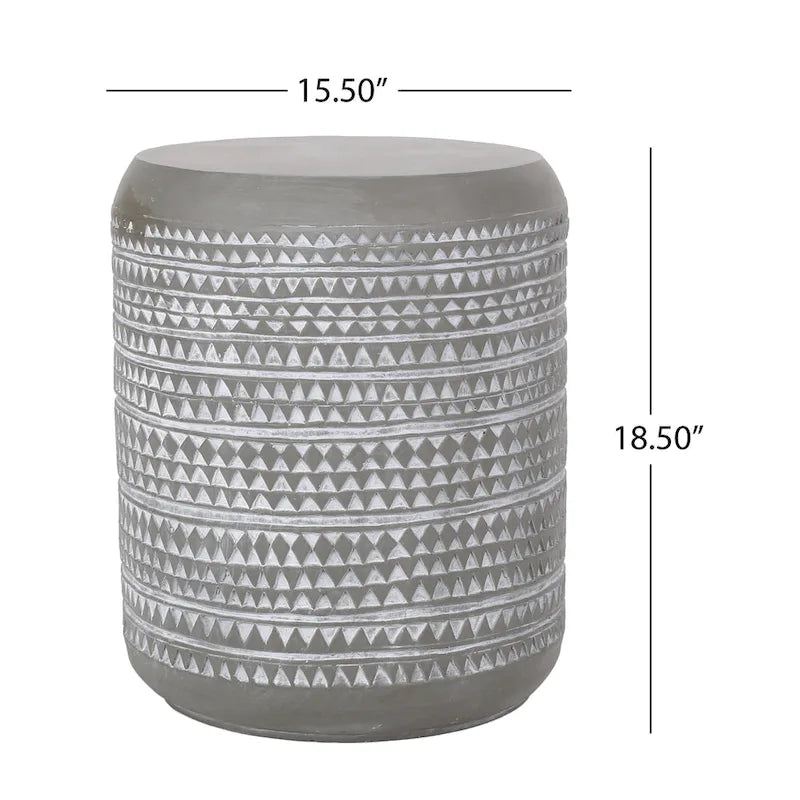 Table d'appoint d'extérieur, ronde 40 cm en faux béton gris avec motif blanc