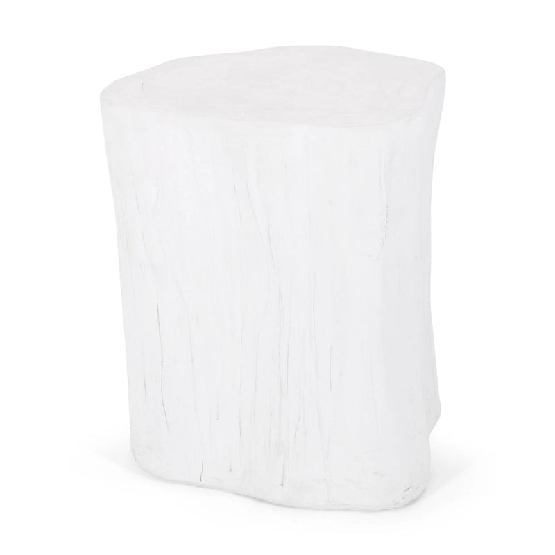 Outdoor End Table, Tree Stump Design, White Concrete Frame, 16 Inch