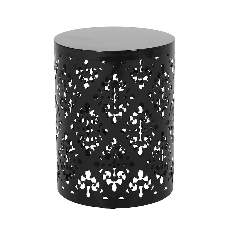 Lot de 2 tables d'appoint d'extérieur Kemo, plateau rond, motif ajouré, fer noir