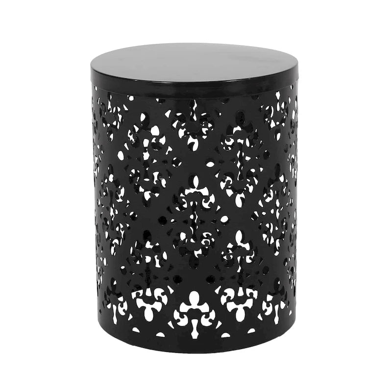 Lot de 2 tables d'appoint d'extérieur Kemo, plateau rond, motif ajouré, fer noir