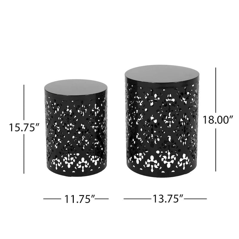 Lot de 2 tables d'appoint d'extérieur Kemo, plateau rond, motif ajouré, fer noir