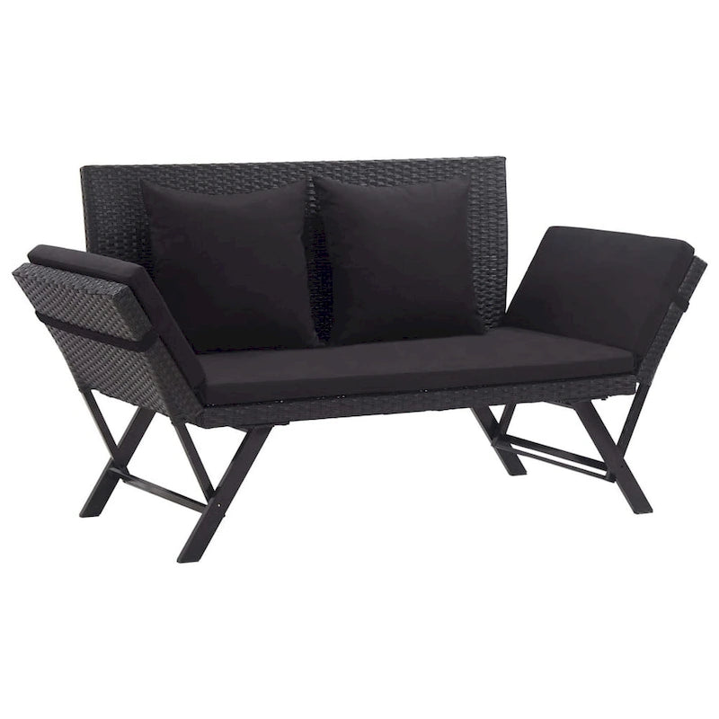 Outdoor Loveseat Bench, Black Fabric Cushions, Rattan, Steel, 51 Inch