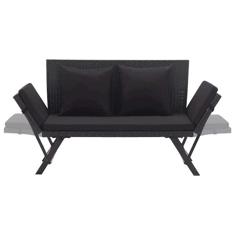 Banc de jardin deux places, coussins en tissu noir, rotin, acier, 130 cm