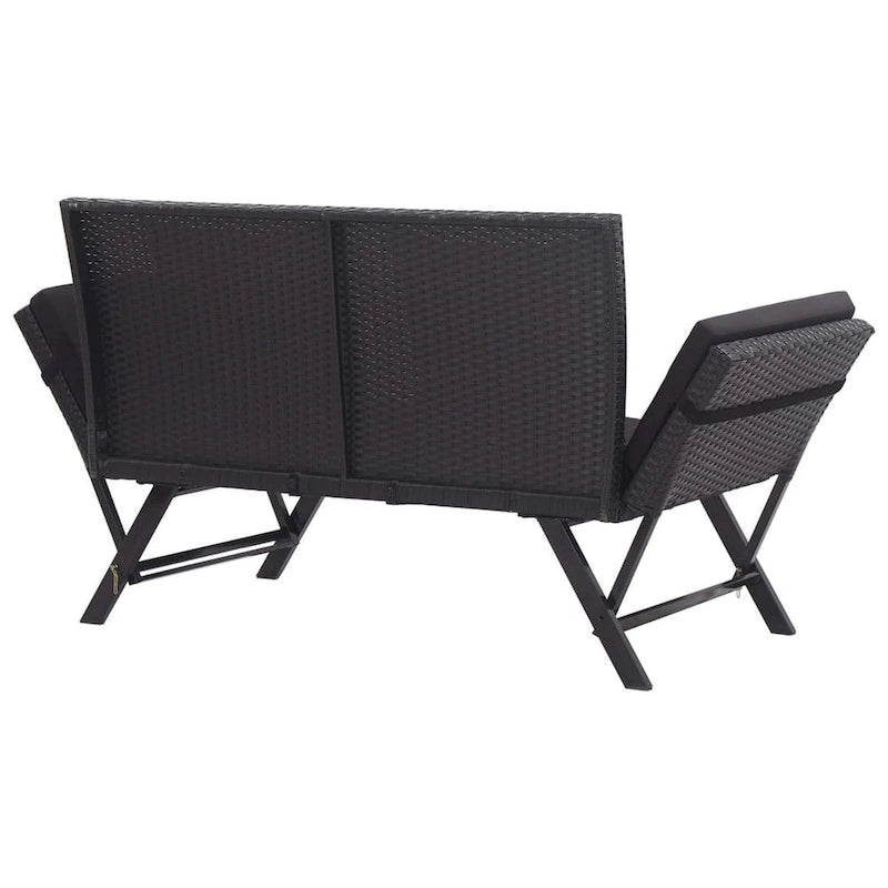 Banc de jardin deux places, coussins en tissu noir, rotin, acier, 130 cm