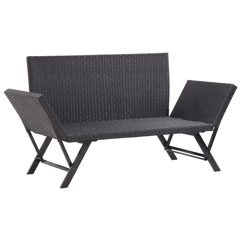 Banc de jardin deux places, coussins en tissu noir, rotin, acier, 130 cm