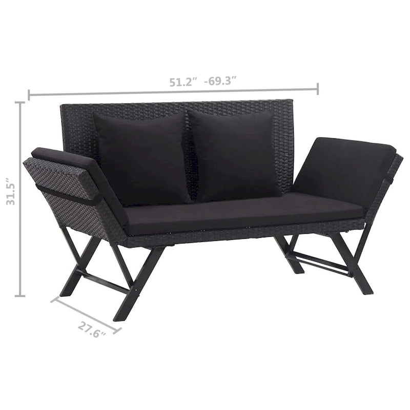 Banc de jardin deux places, coussins en tissu noir, rotin, acier, 130 cm