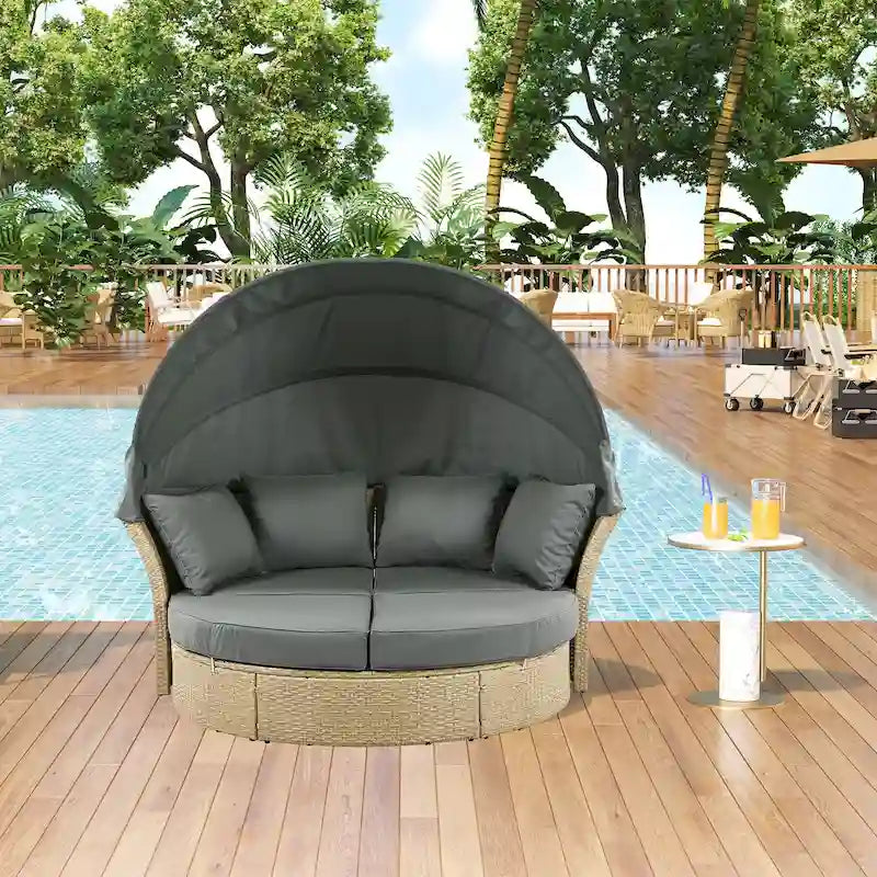 Lit de repos d'extérieur, ensemble de meubles de jardin avec auvent rétractable, canapé rond en rotin tressé pour patio avec 4 coussins