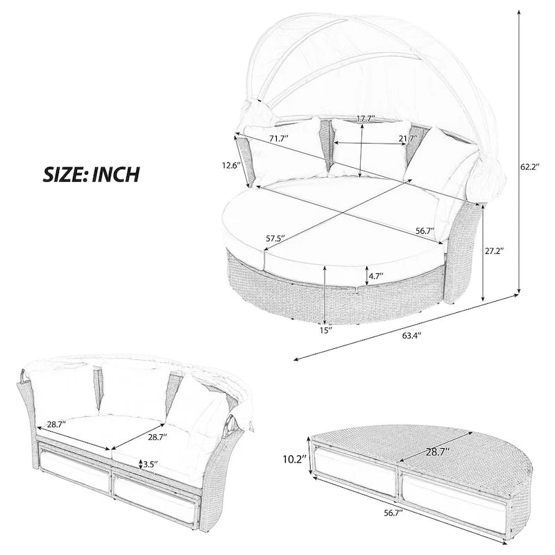 Lit de repos d'extérieur, ensemble de meubles de jardin avec auvent rétractable, canapé rond en rotin tressé pour patio avec 4 coussins