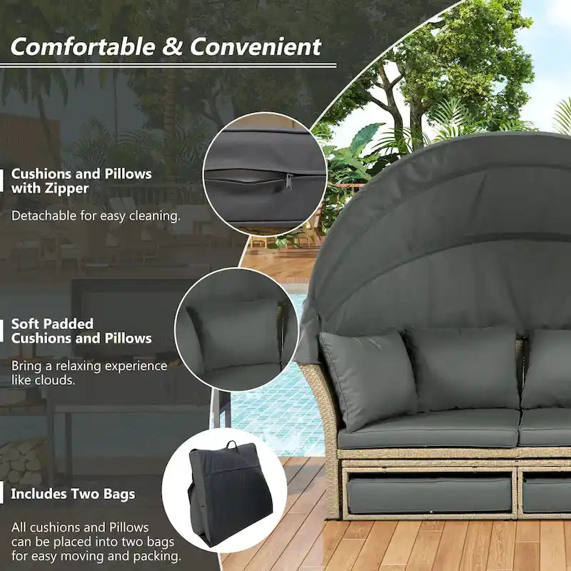Lit de repos d'extérieur, ensemble de meubles de jardin avec auvent rétractable, canapé rond en rotin tressé pour patio avec 4 coussins