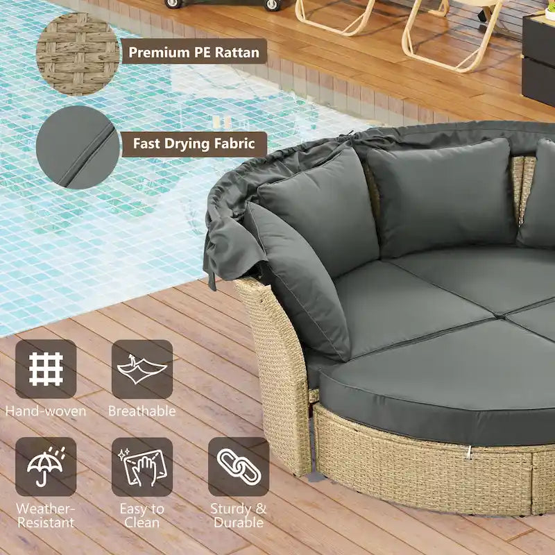 Lit de repos d'extérieur, ensemble de meubles de jardin avec auvent rétractable, canapé rond en rotin tressé pour patio avec 4 coussins
