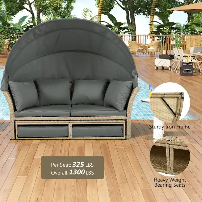 Lit de repos d'extérieur, ensemble de meubles de jardin avec auvent rétractable, canapé rond en rotin tressé pour patio avec 4 coussins