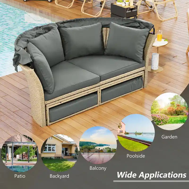 Lit de repos d'extérieur, ensemble de meubles de jardin avec auvent rétractable, canapé rond en rotin tressé pour patio avec 4 coussins