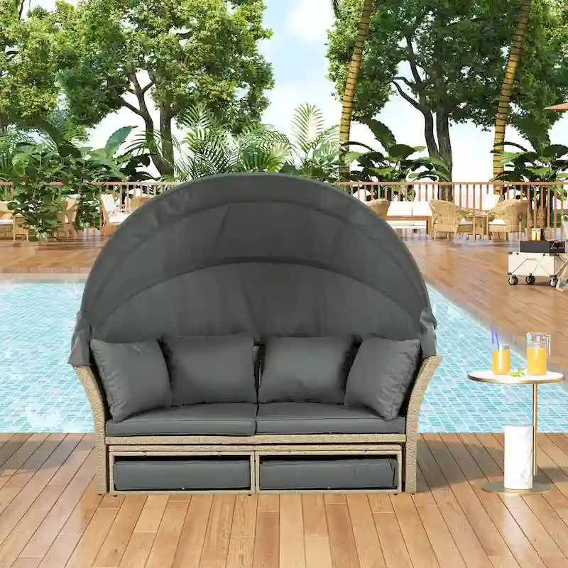 Lit de repos d'extérieur, ensemble de meubles de jardin avec auvent rétractable, canapé rond en rotin tressé pour patio avec 4 coussins