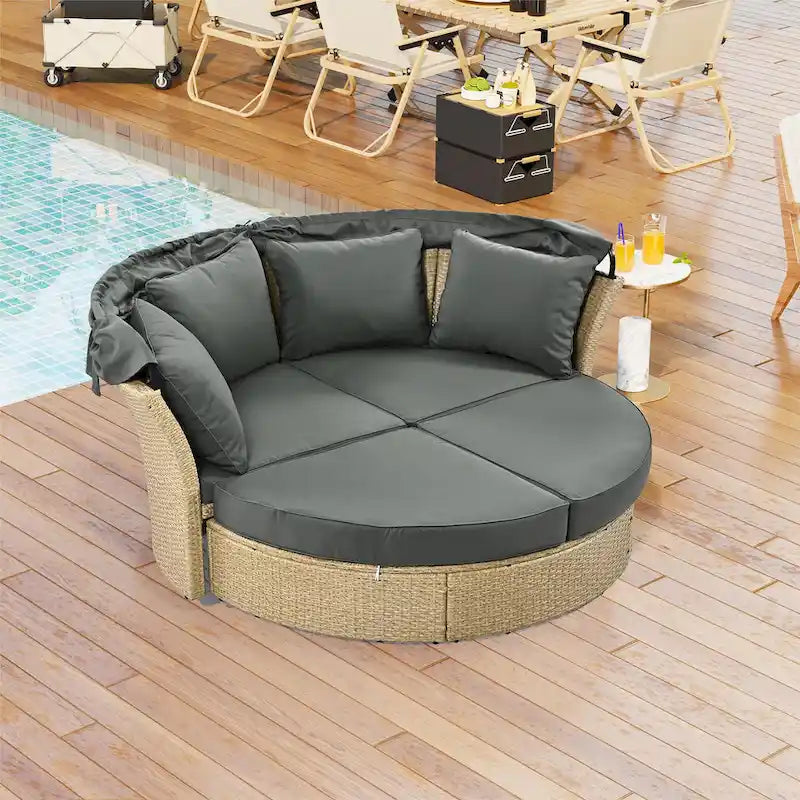 Lit de repos d'extérieur, ensemble de meubles de jardin avec auvent rétractable, canapé rond en rotin tressé pour patio avec 4 coussins