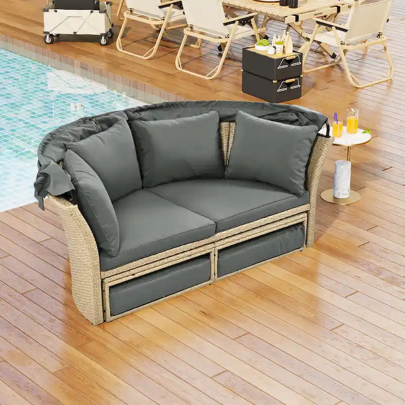 Lit de repos d'extérieur, ensemble de meubles de jardin avec auvent rétractable, canapé rond en rotin tressé pour patio avec 4 coussins