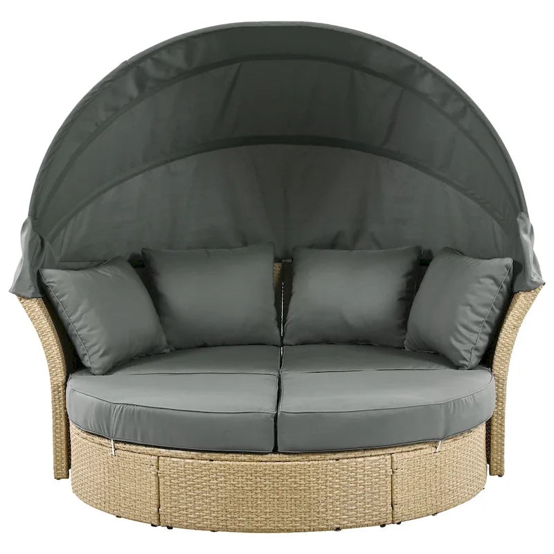 Lit de repos d'extérieur, ensemble de meubles de jardin avec auvent rétractable, canapé rond en rotin tressé pour patio avec 4 coussins