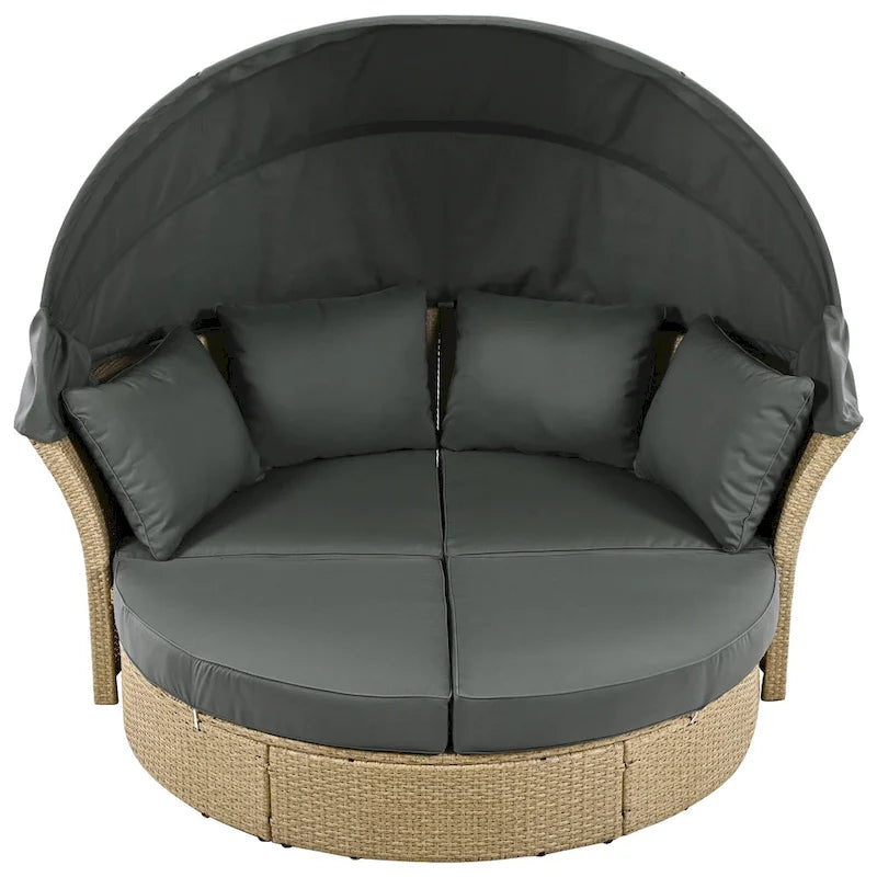 Lit de repos d'extérieur, ensemble de meubles de jardin avec auvent rétractable, canapé rond en rotin tressé pour patio avec 4 coussins