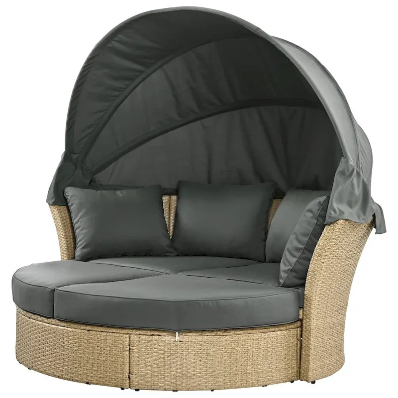 Lit de repos d'extérieur, ensemble de meubles de jardin avec auvent rétractable, canapé rond en rotin tressé pour patio avec 4 coussins