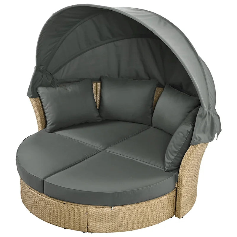 Lit de repos d'extérieur, ensemble de meubles de jardin avec auvent rétractable, canapé rond en rotin tressé pour patio avec 4 coussins