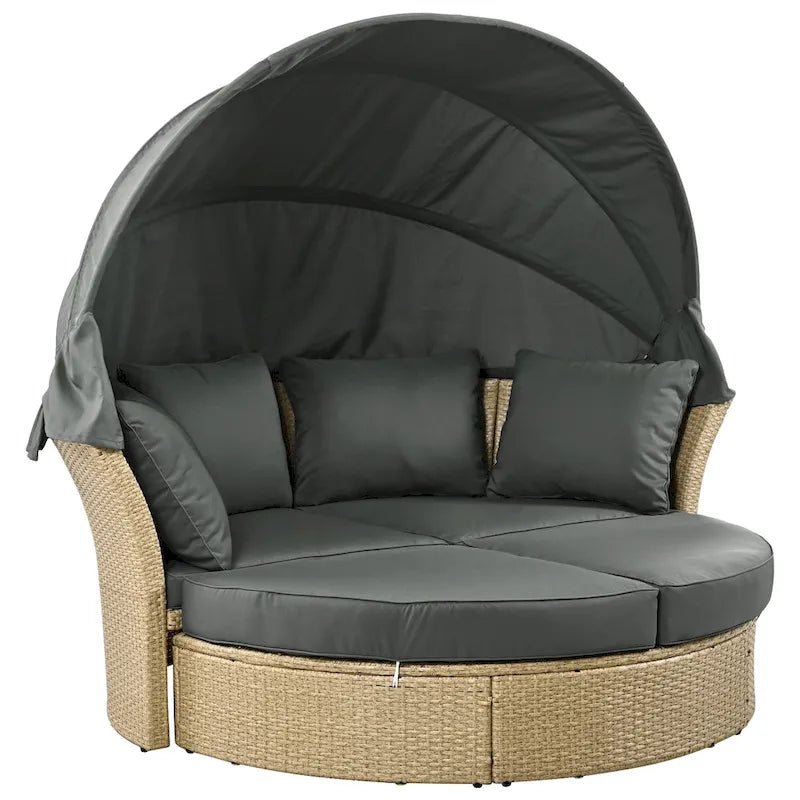 Lit de repos d'extérieur, ensemble de meubles de jardin avec auvent rétractable, canapé rond en rotin tressé pour patio avec 4 coussins