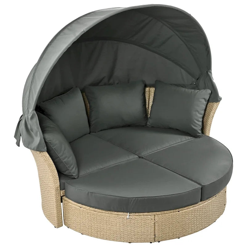 Lit de repos d'extérieur, ensemble de meubles de jardin avec auvent rétractable, canapé rond en rotin tressé pour patio avec 4 coussins