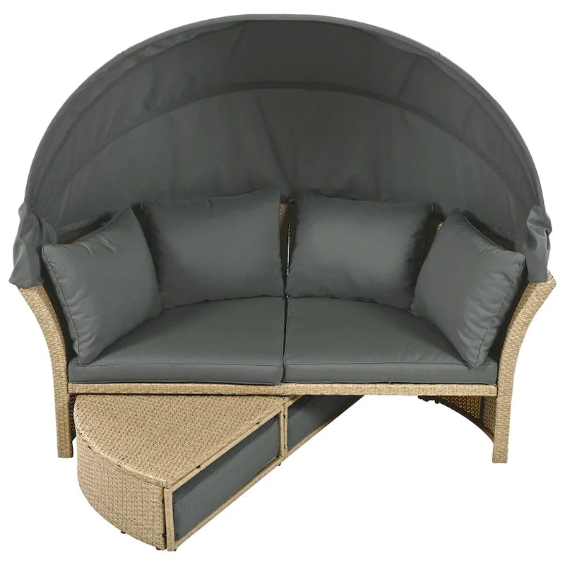 Lit de repos d'extérieur, ensemble de meubles de jardin avec auvent rétractable, canapé rond en rotin tressé pour patio avec 4 coussins